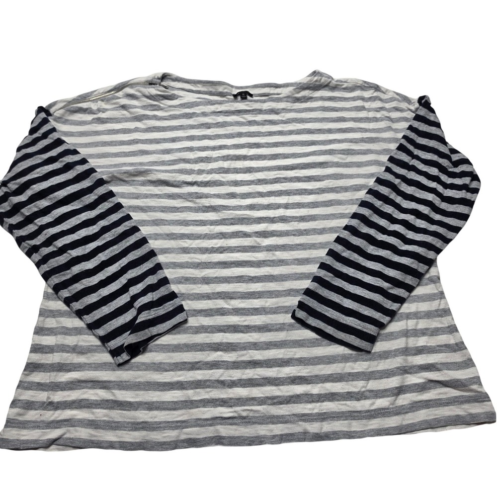 Talbots Womens XL Striped Cotton Boat Neck Top Shoulder Zip Grey Black White